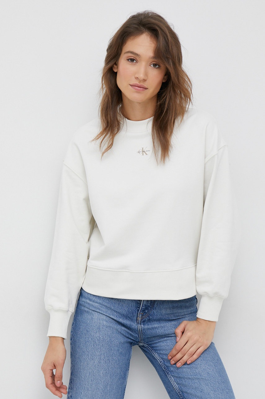 

Памучен суичър Calvin Klein Jeans в бежово с изчистен дизайн, Бежов