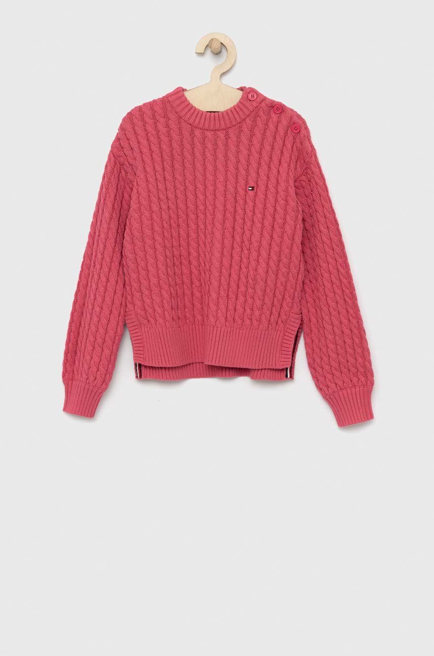 Tommy Hilfiger sweter bawełniany dziecięcy kolor różowy ciepły