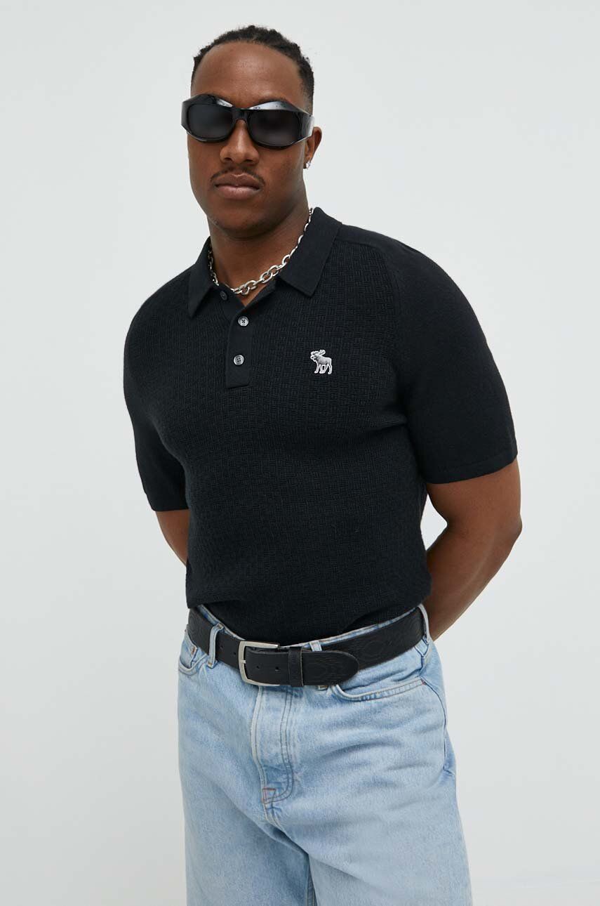 Abercrombie & Fitch tricou polo barbati, culoarea negru, neted