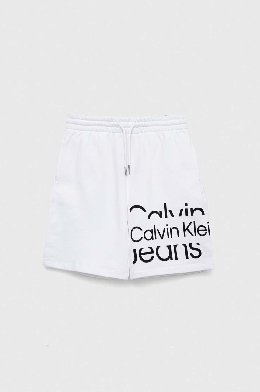 

Детски памучен къс панталон Calvin Klein Jeans в бяло с регулируема талия, Бял