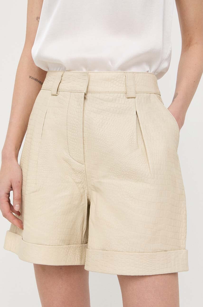 Notes Du Nord Pantaloni Scurti De Piele Femei, Culoarea Bej, Neted, High Waist