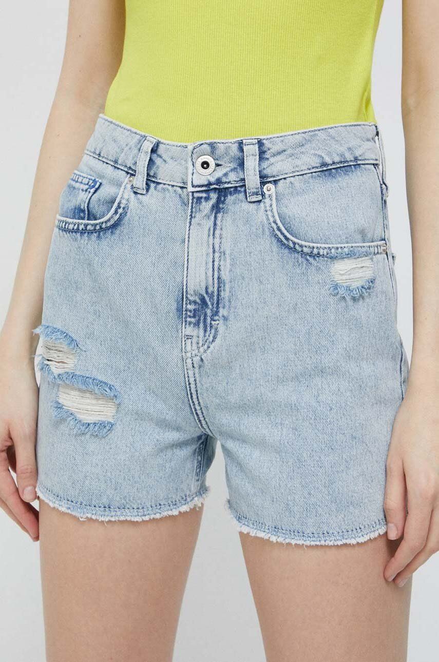 Džínové šortky Karl Lagerfeld Jeans dámské, hladké, high waist - modrá -  100 % Organická bavln