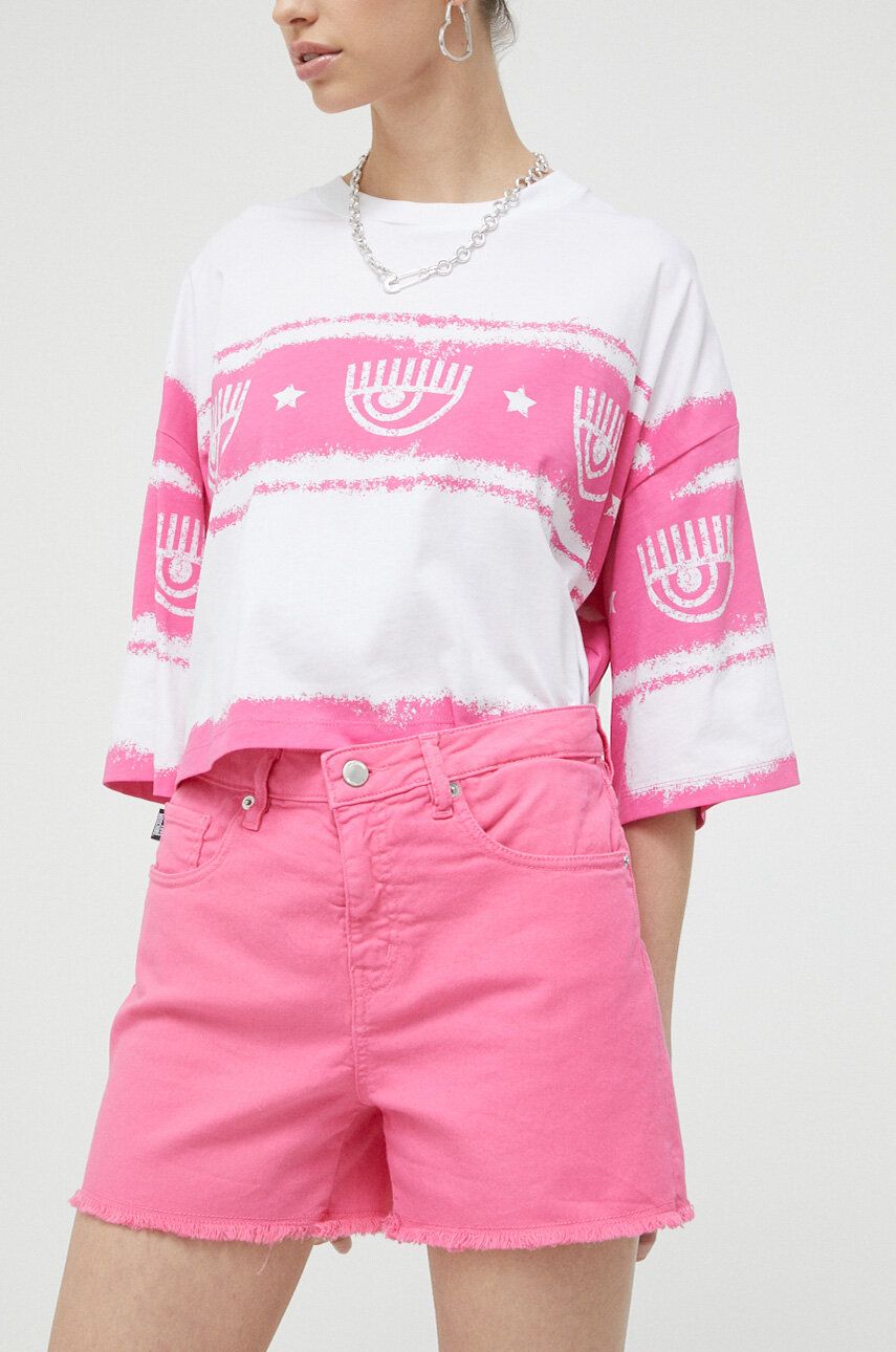 Džínové šortky Love Moschino dámské, růžová barva, hladké, high waist - růžová -  98 % Bavlna