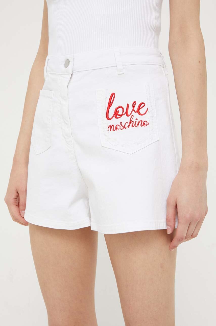 Love Moschino Pantaloni Scurti Jeans Femei, Culoarea Alb, Cu Imprimeu, High Waist