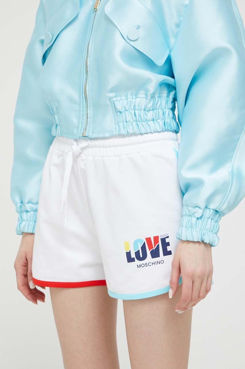 E-shop Kraťasy Love Moschino dámské, bílá barva, s potiskem, high waist