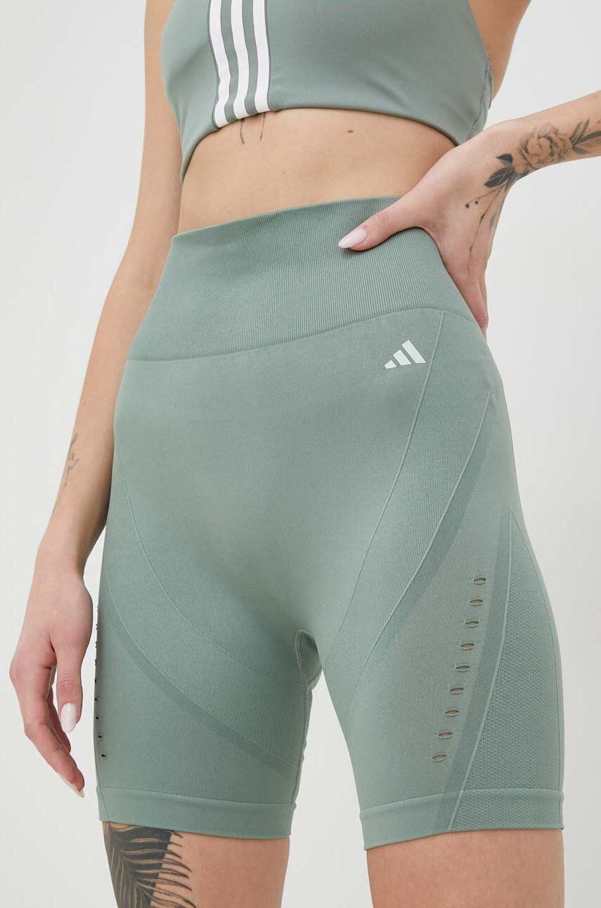 adidas Performance pantaloni scurți de yoga Aeroknit 2.0 femei, culoarea verde, neted, high waist 2.0