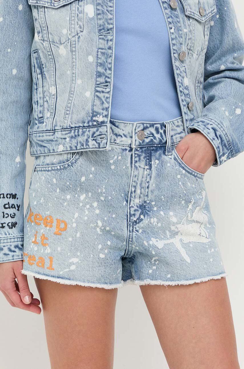 Džínové šortky Guess x Banksy dámské, s potiskem, high waist - modrá -  100 % Bavlna