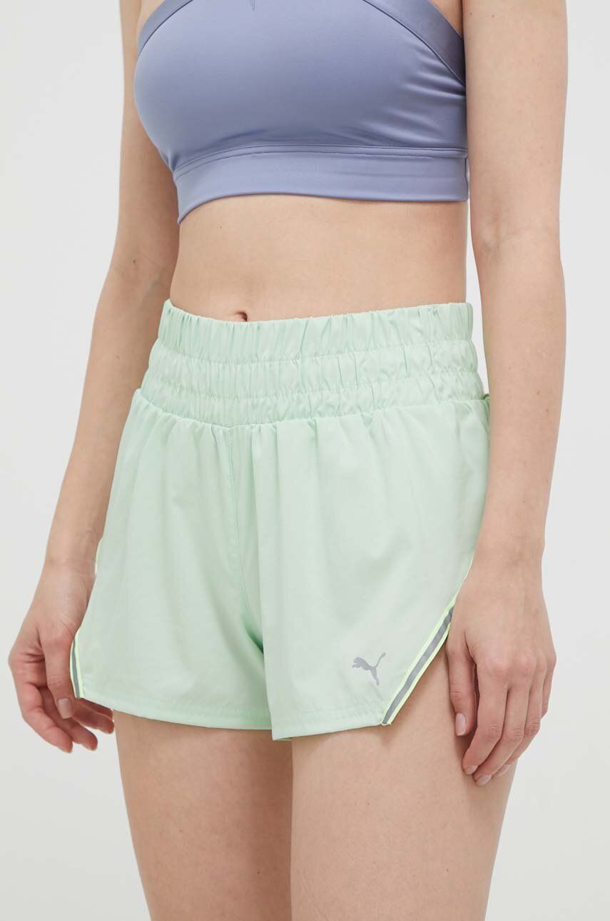 Puma Pantaloni Scurti De Alergare Culoarea Verde, Cu Imprimeu, High Waist