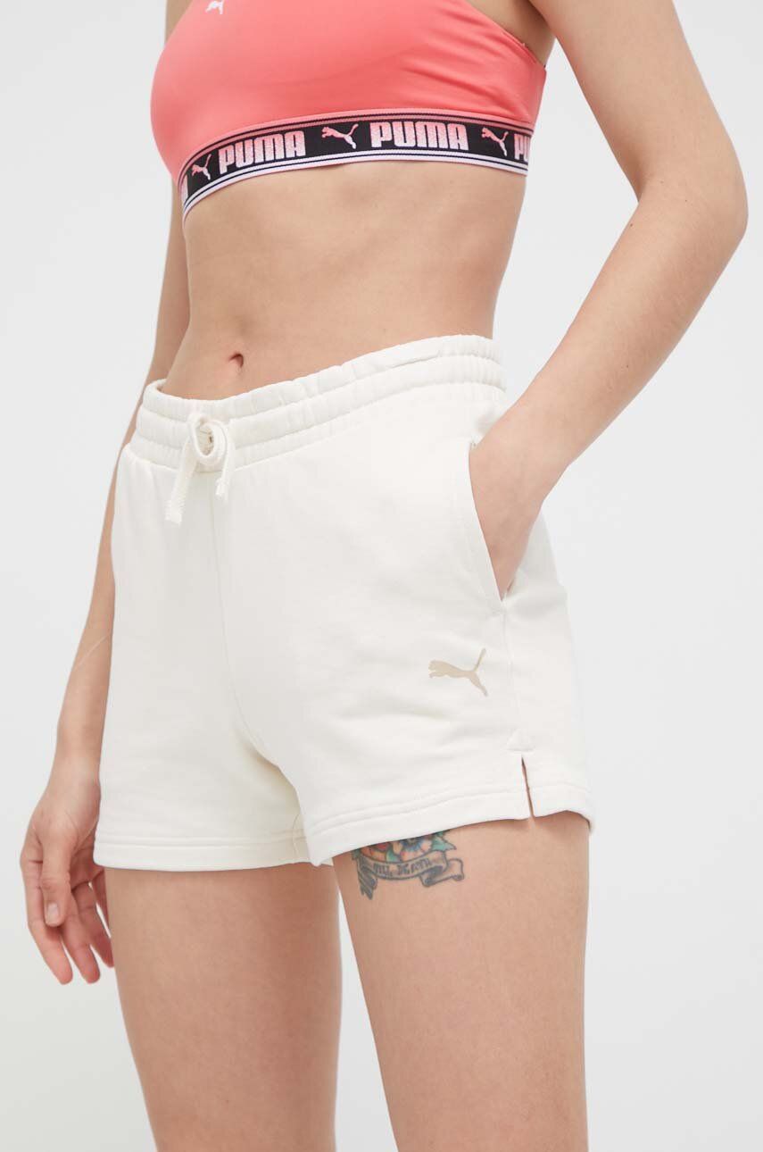 Puma Pantaloni Scurti Din Bumbac Culoarea Bej, Cu Imprimeu, High Waist