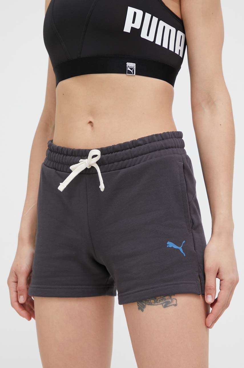 Puma Pantaloni Scurti Din Bumbac Culoarea Gri, Cu Imprimeu, High Waist