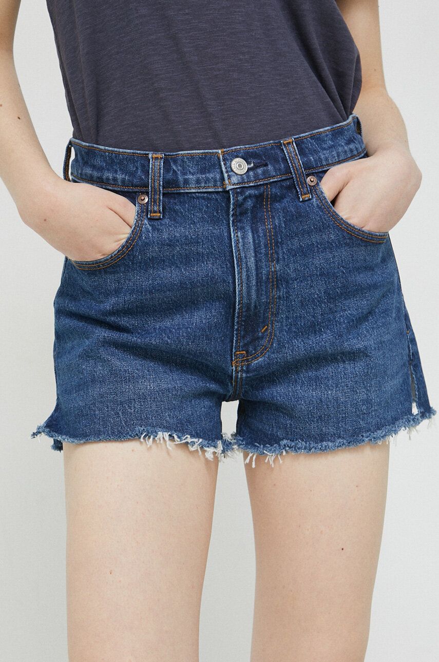 Abercrombie & Fitch pantaloni scurti jeans femei, culoarea albastru marin, neted, high waist