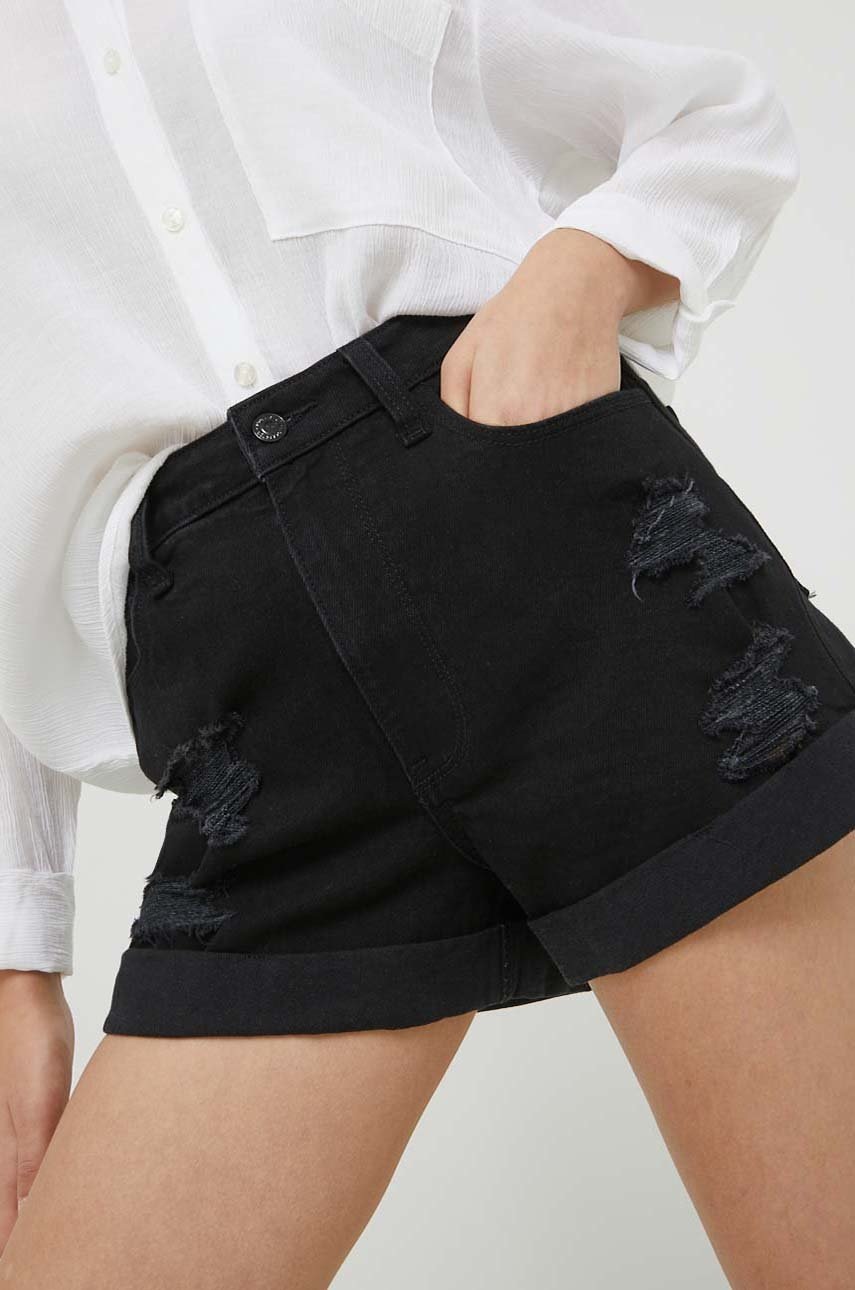 Levně Džínové šortky Hollister Co. dámské, černá barva, hladké, high waist