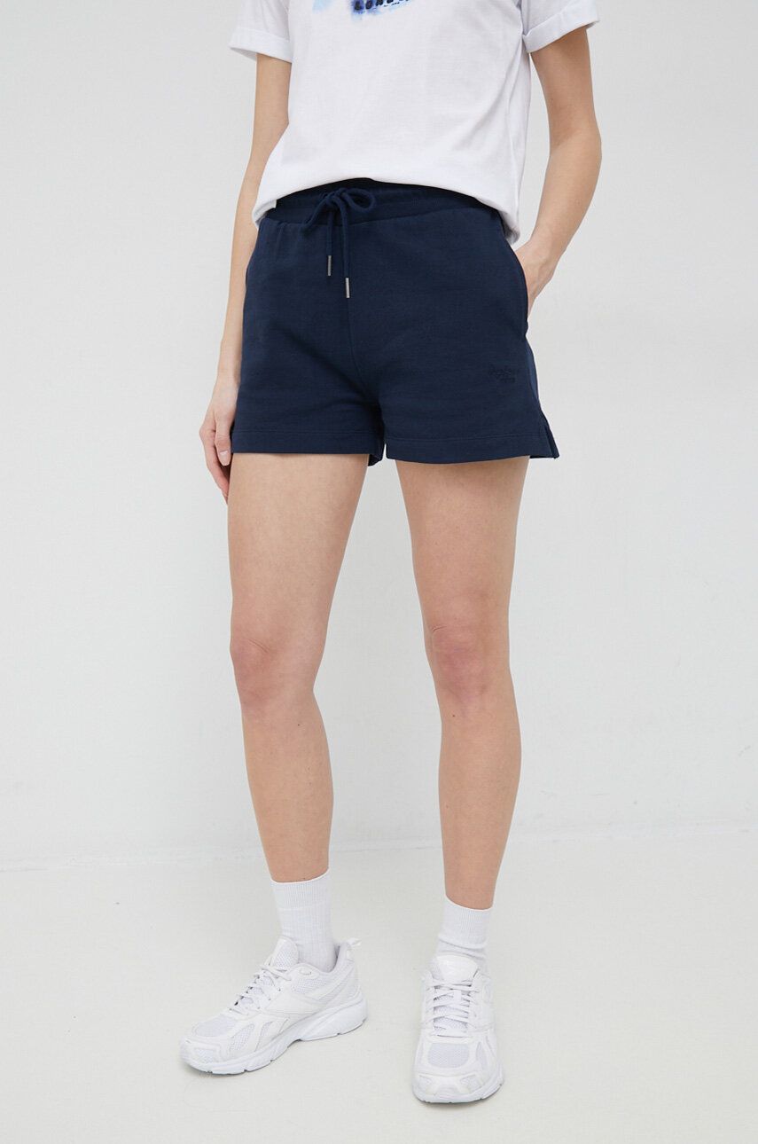 Levně Bavlněné šortky Pepe Jeans tmavomodrá barva, hladké, high waist