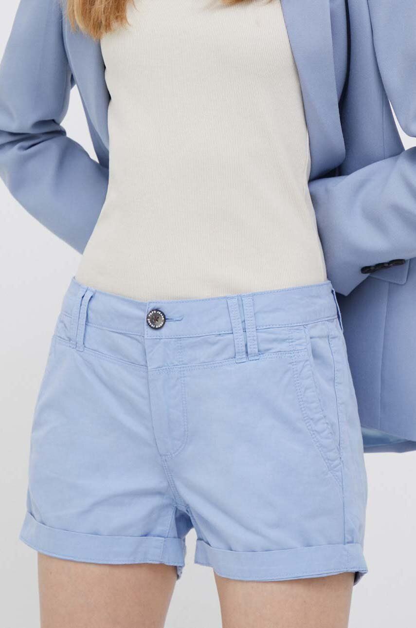 Bavlněné šortky Pepe Jeans Balboa hladké, medium waist - modrá -  100 % Bavlna