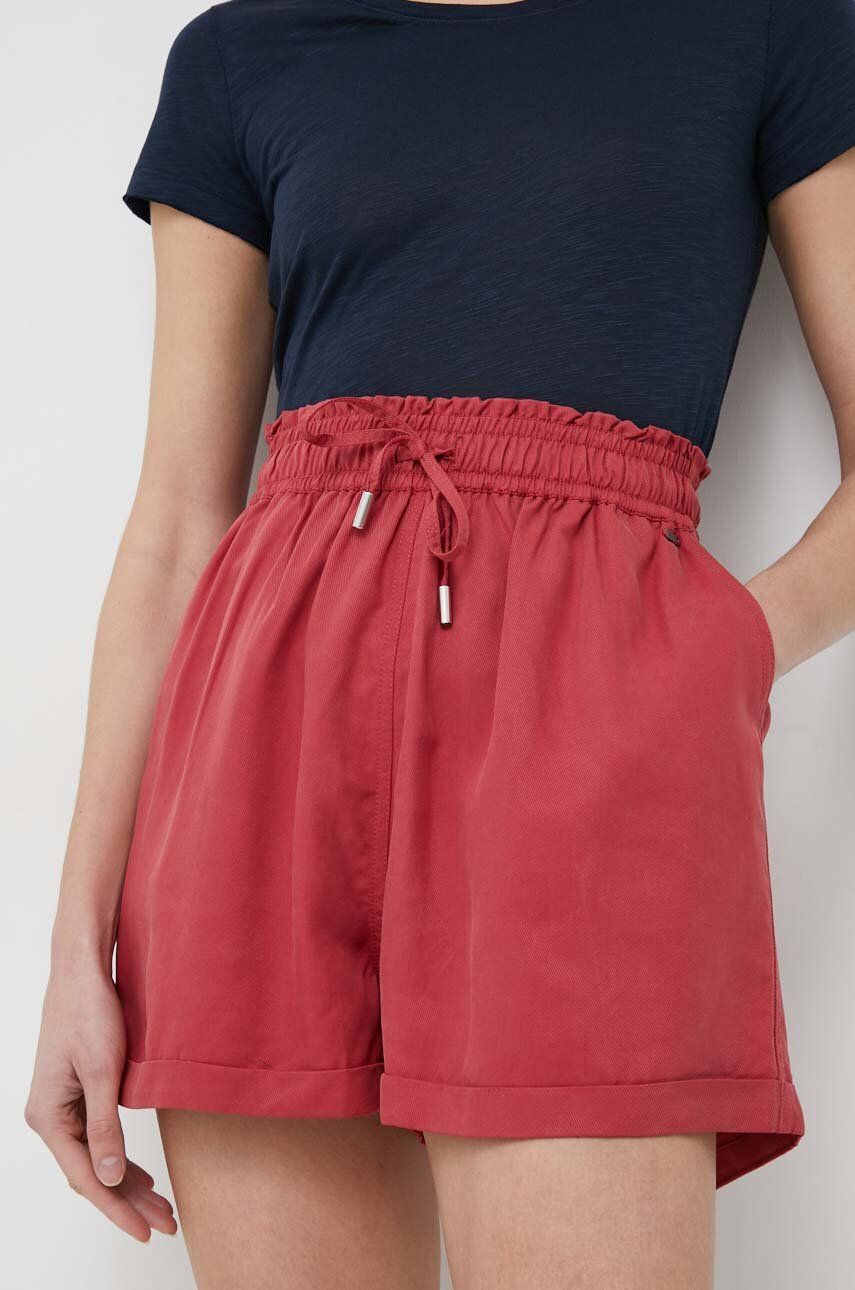 Kraťasy Pepe Jeans dámské, červená barva, hladké, high waist - červená -  100 % Tencel