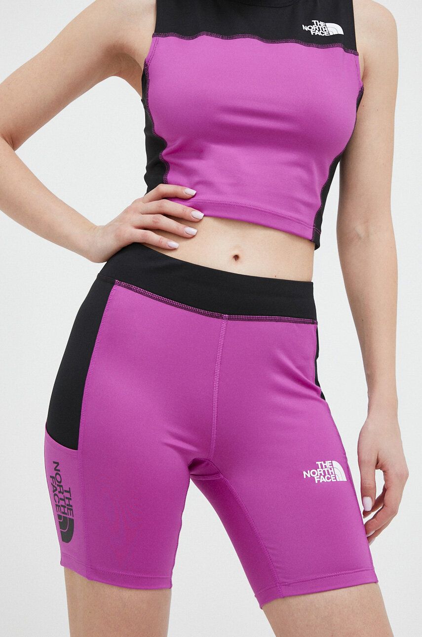 The North Face pantaloni scurți de antrenament culoarea violet, modelator, medium waist
