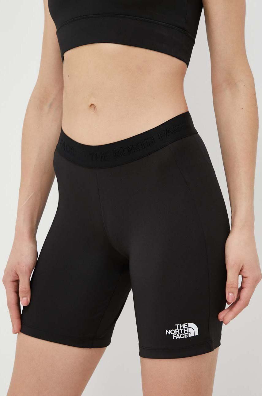 The North Face pantaloni scurti sport Mountain Athletics femei, culoarea negru, cu imprimeu, high waist