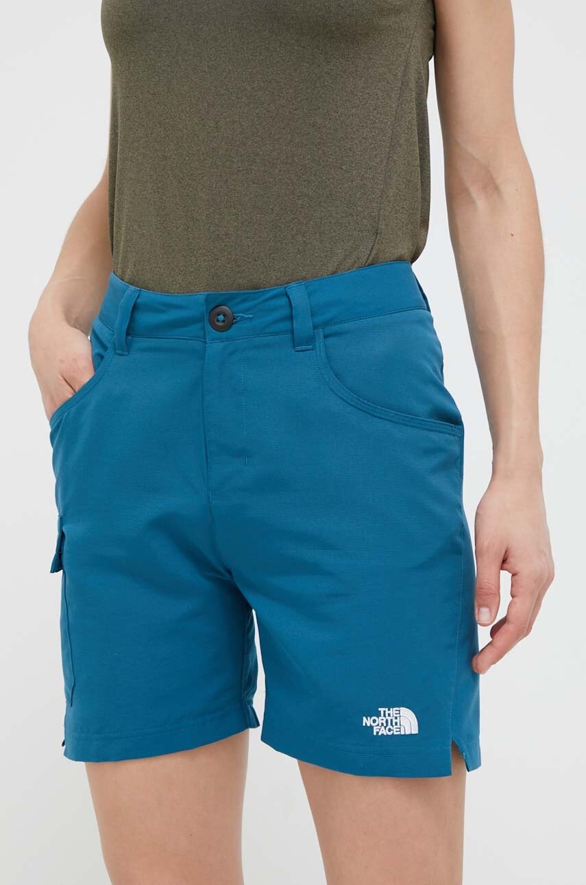 The North Face pantaloni scurți outdoor Horizon culoarea turcoaz, neted, high waist