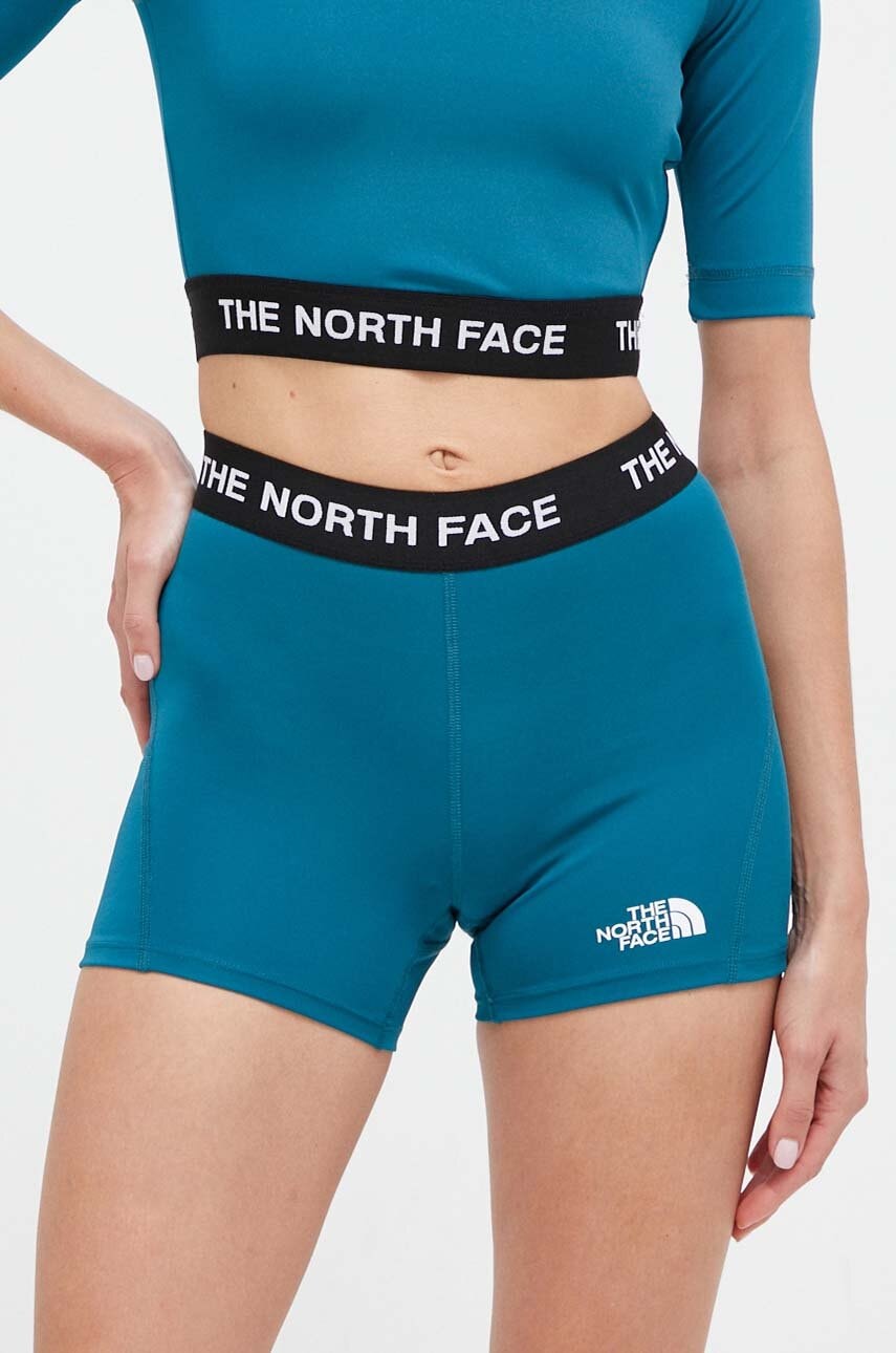 The North Face Pantaloni Scurti Sport Femei, Culoarea Turcoaz, Cu Imprimeu, High Waist