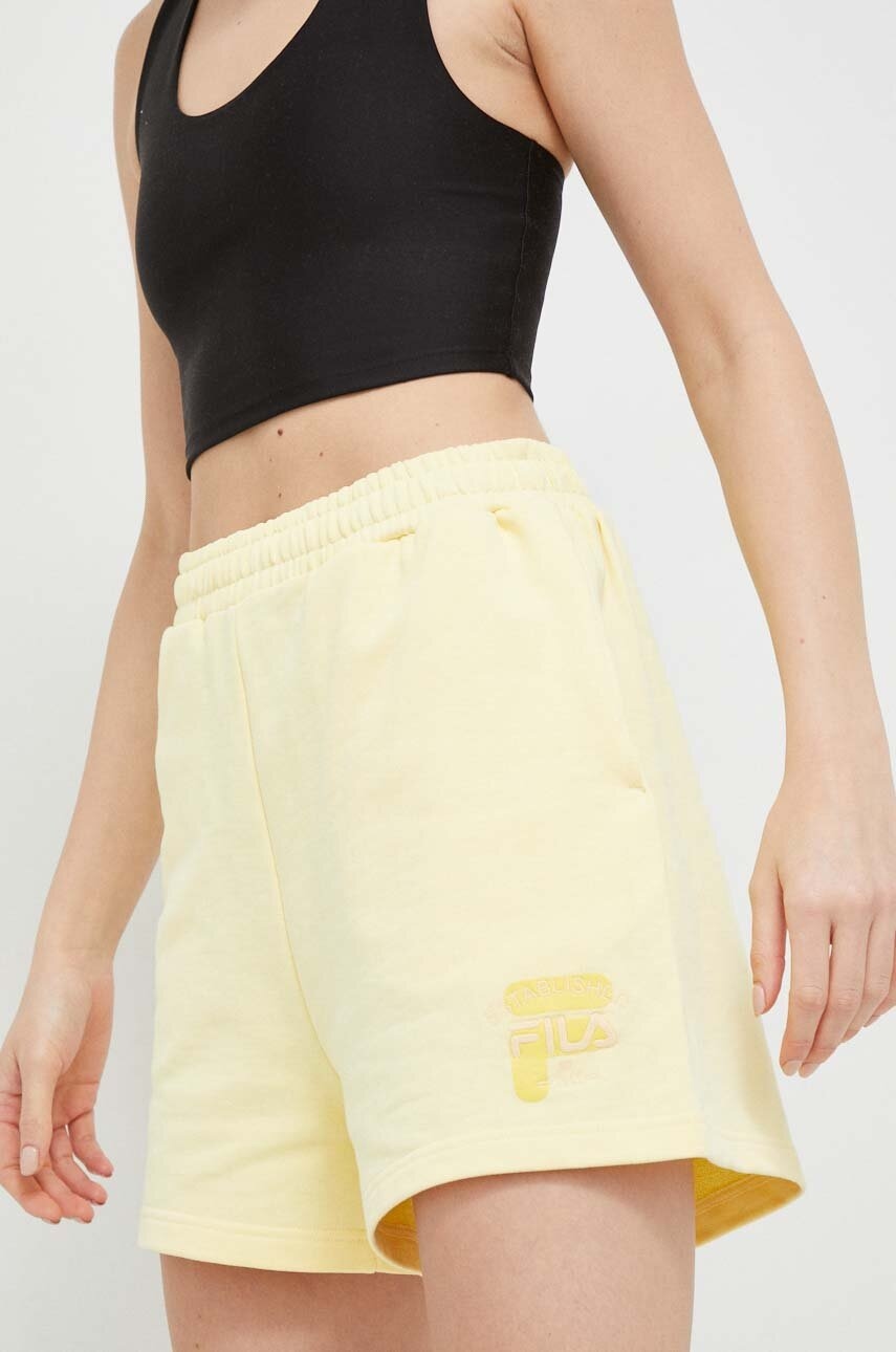 Fila Pantaloni Scurti Din Bumbac Culoarea Galben, Cu Imprimeu, High Waist