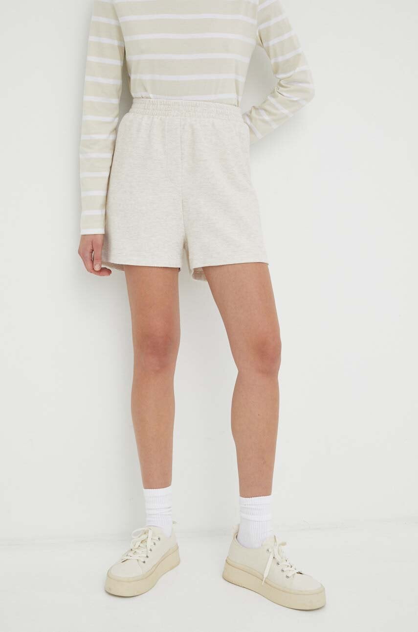 American Vintage pantaloni scurti femei, culoarea bej, neted, high waist