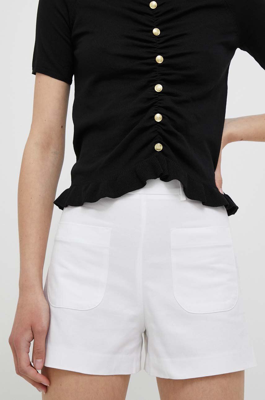 Sisley pantaloni scurti femei, culoarea alb, neted, high waist