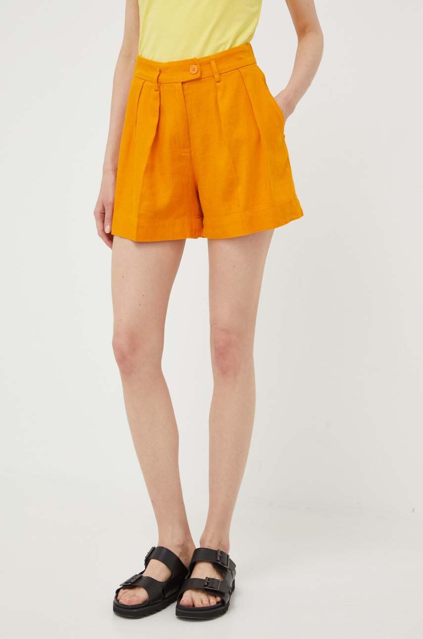 Sisley pantaloni scurti din in culoarea portocaliu, neted, high waist
