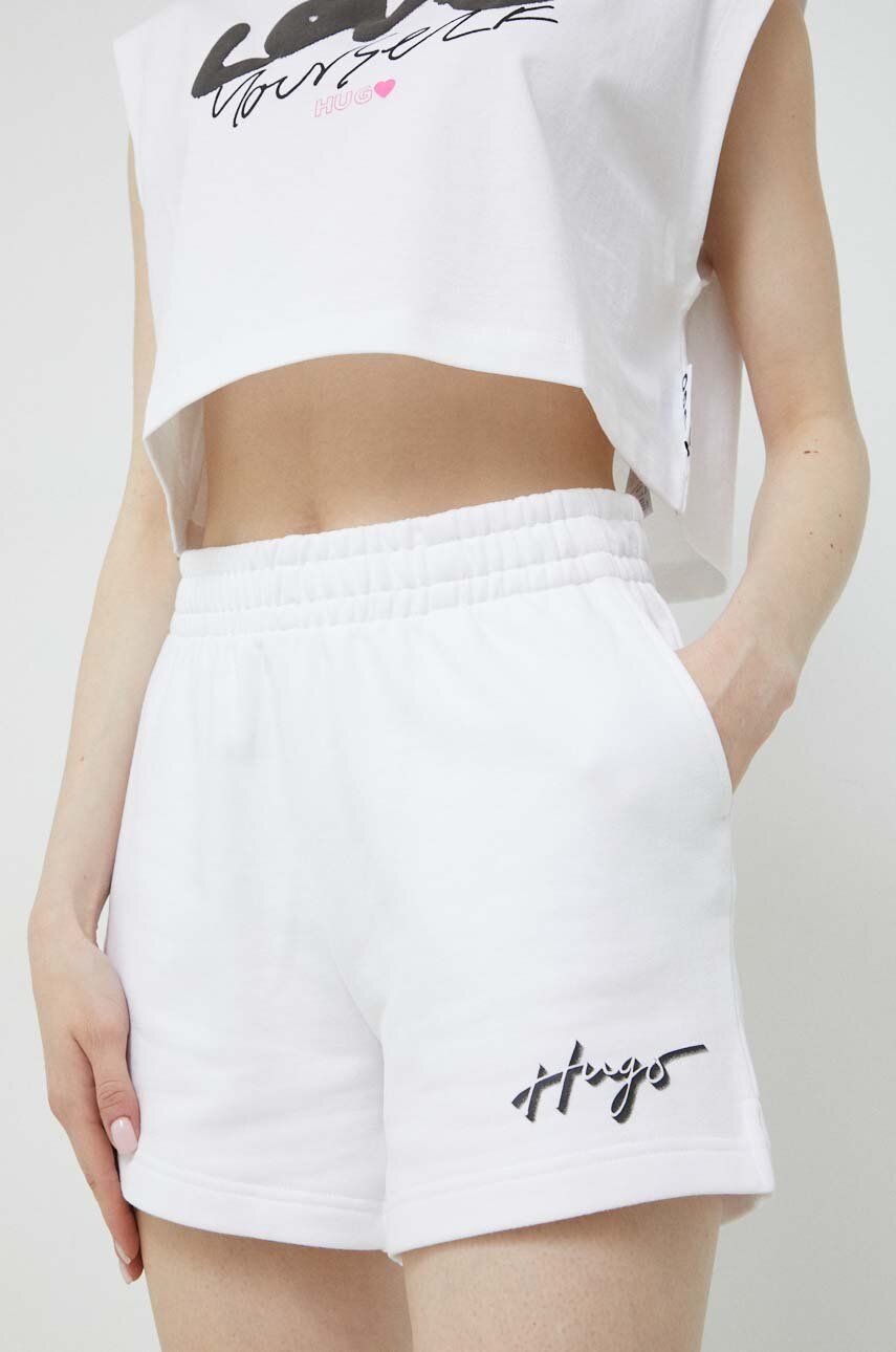 HUGO pantaloni scurti din bumbac culoarea alb, cu imprimeu, high waist alb