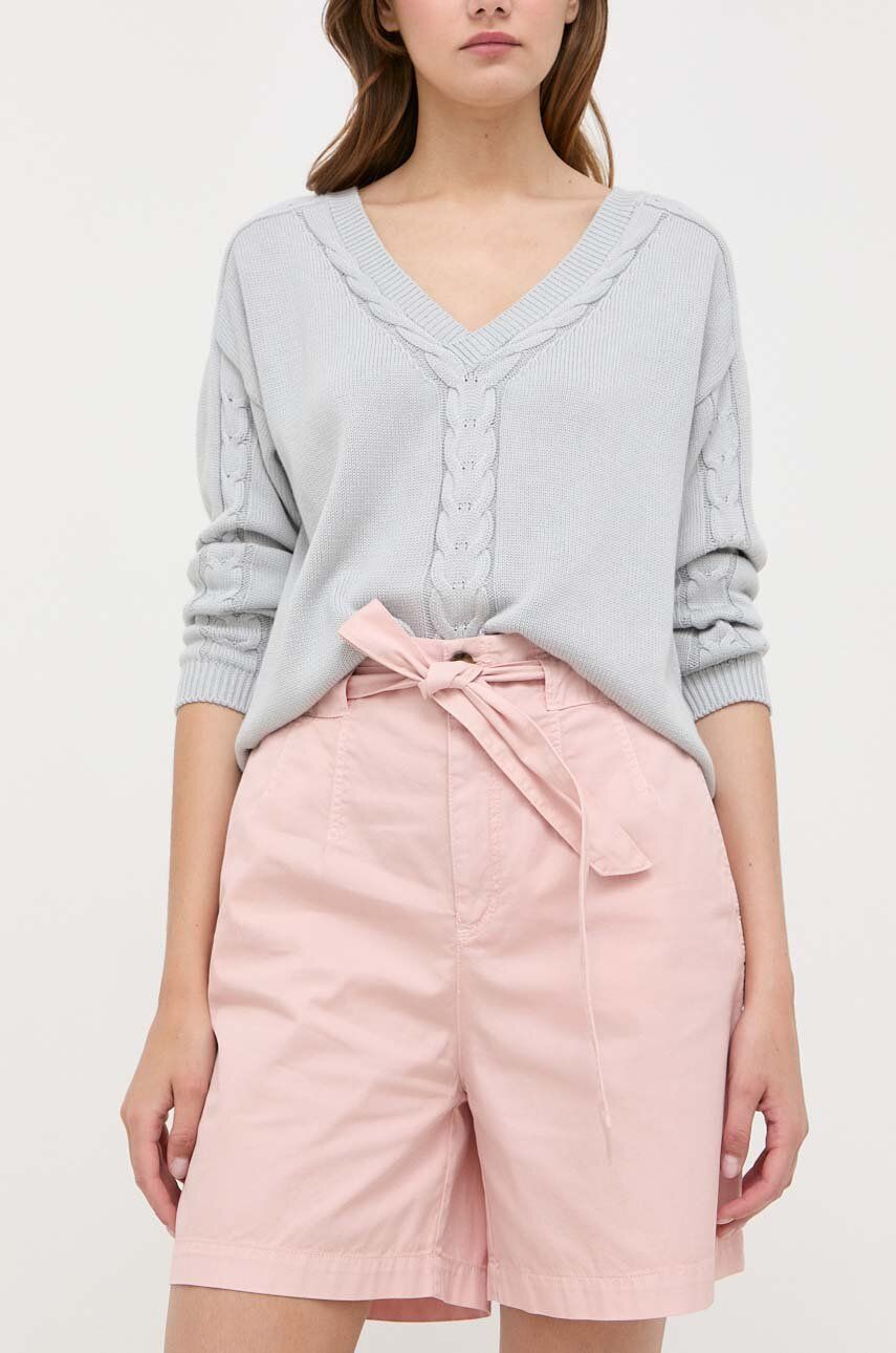 E-shop Bavlněné šortky BOSS růžová barva, hladké, high waist