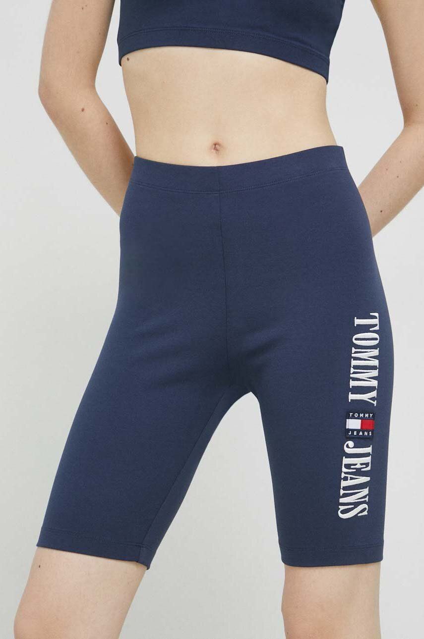 Tommy Jeans Pantaloni Scurti Femei, Culoarea Albastru Marin, Cu Imprimeu, High Waist
