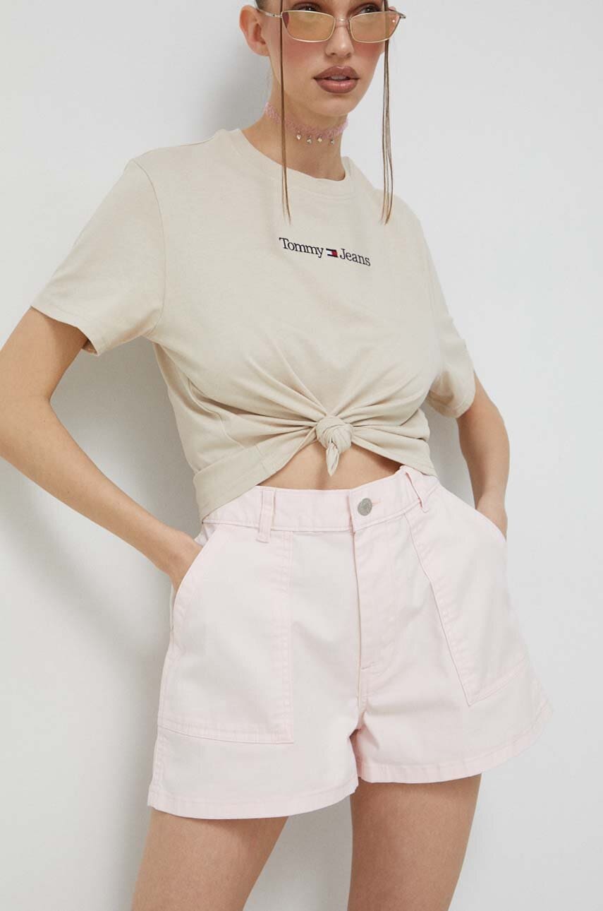 Levně Kraťasy Tommy Jeans dámské, růžová barva, hladké, high waist