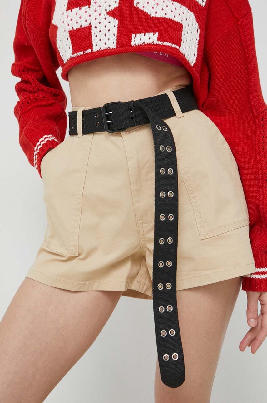 Kraťasy Tommy Jeans dámské, béžová barva, hladké, high waist - béžová -  98 % Bavlna