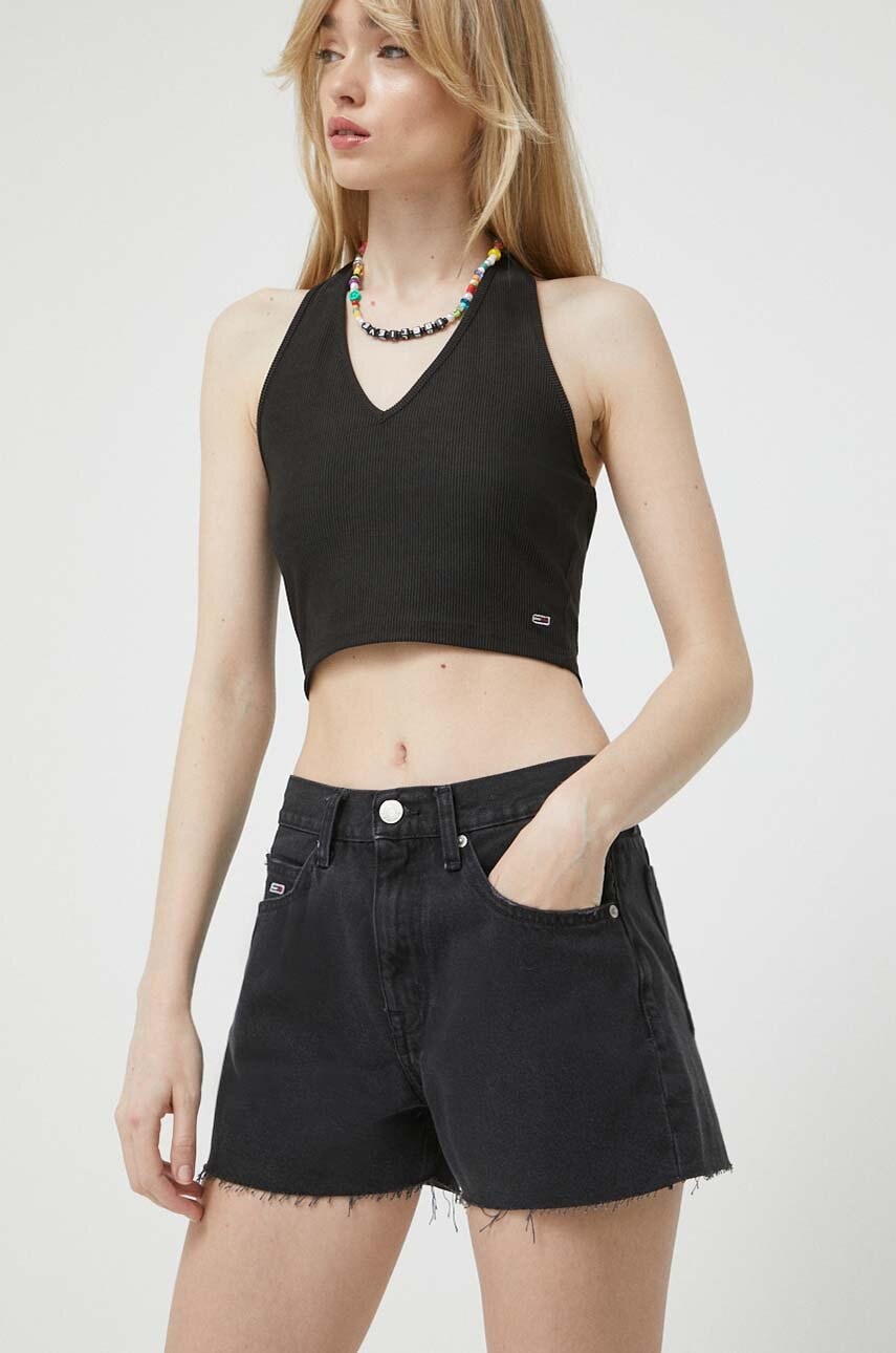 Tommy Jeans Pantaloni Scurti Jeans Femei, Culoarea Negru, Neted, High Waist