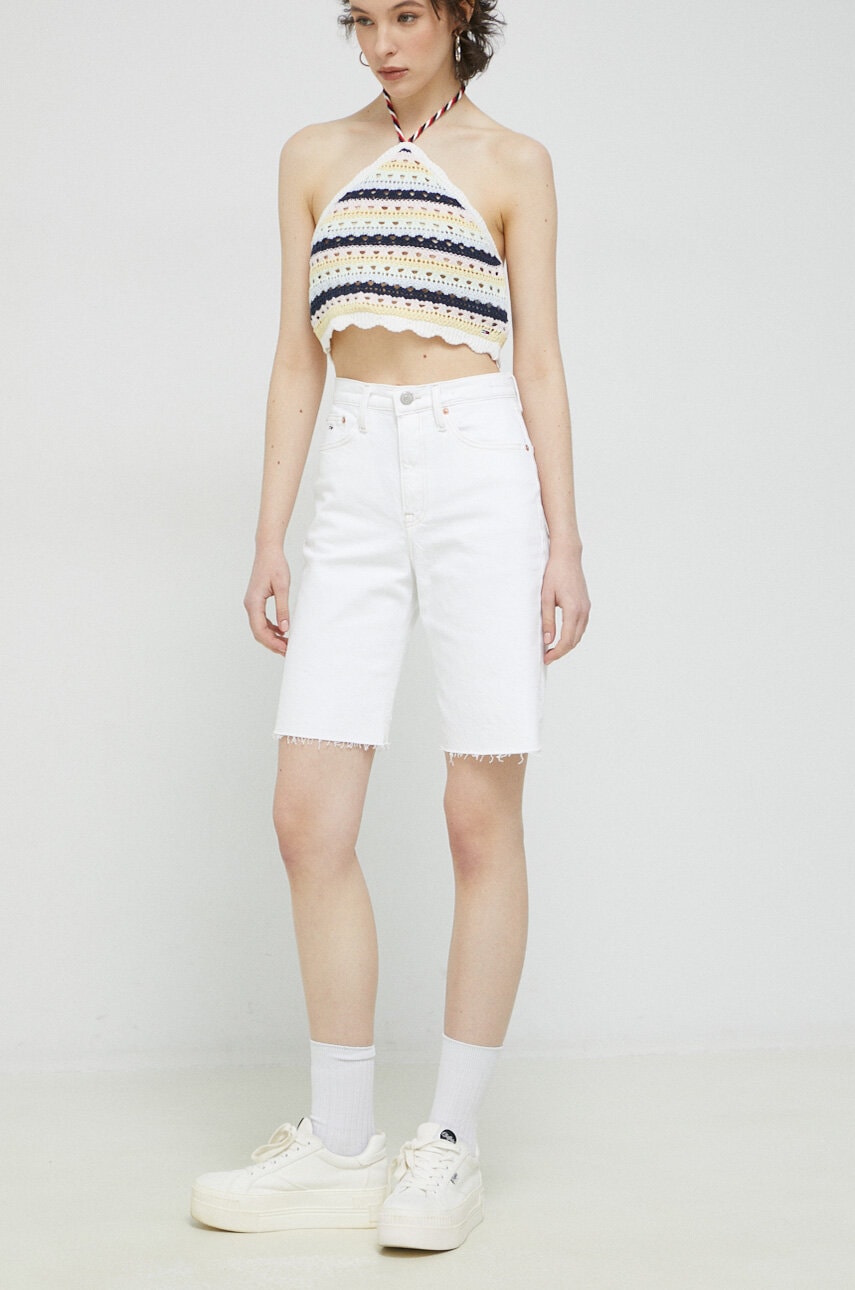 Tommy Jeans Pantaloni Scurti Jeans Femei, Culoarea Alb, Neted, High Waist