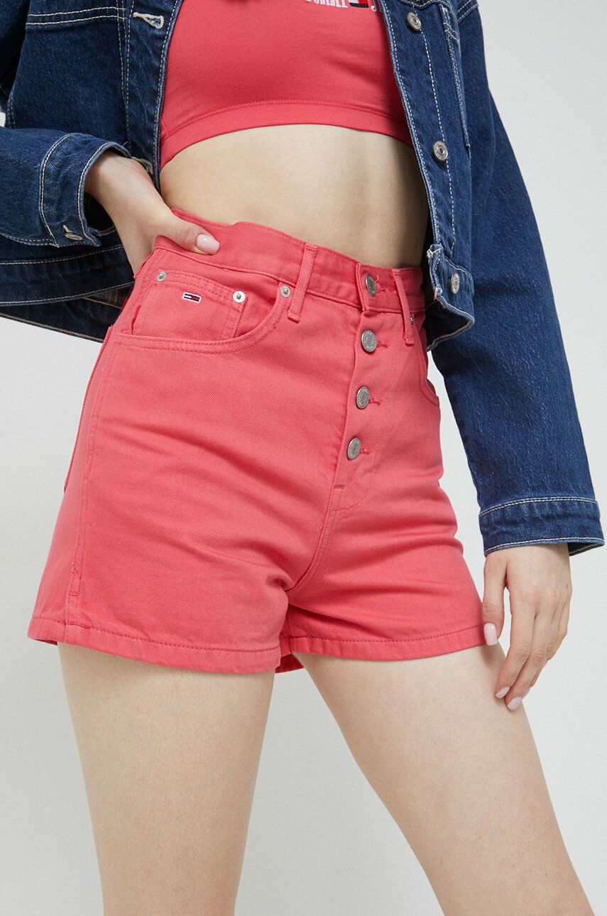 Levně Džínové šortky Tommy Jeans dámské, růžová barva, hladké, high waist