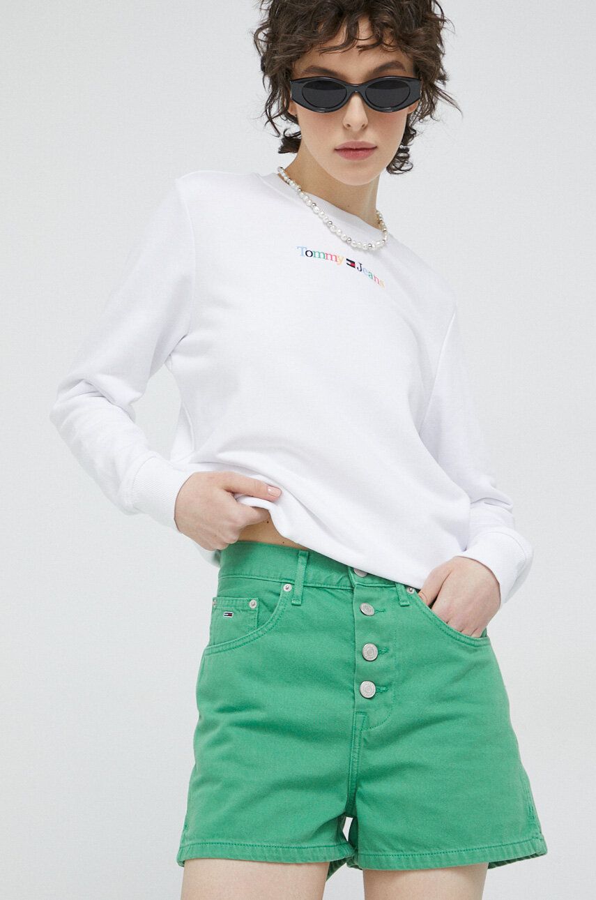 Tommy Jeans Pantaloni Scurti Jeans Femei, Culoarea Verde, Neted, High Waist