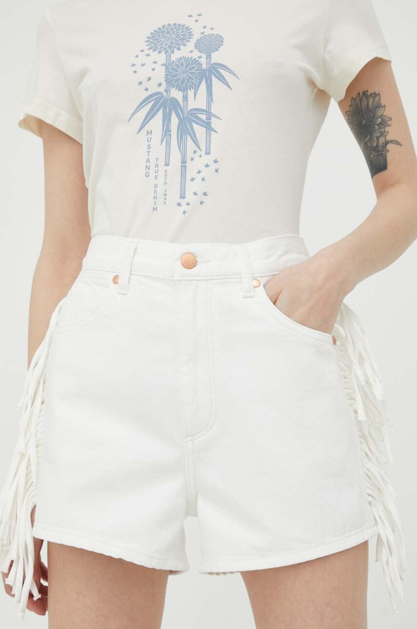 Džínové šortky Wrangler Fringed Festival dámské, bílá barva, hladké, high waist - bílá -  100 %