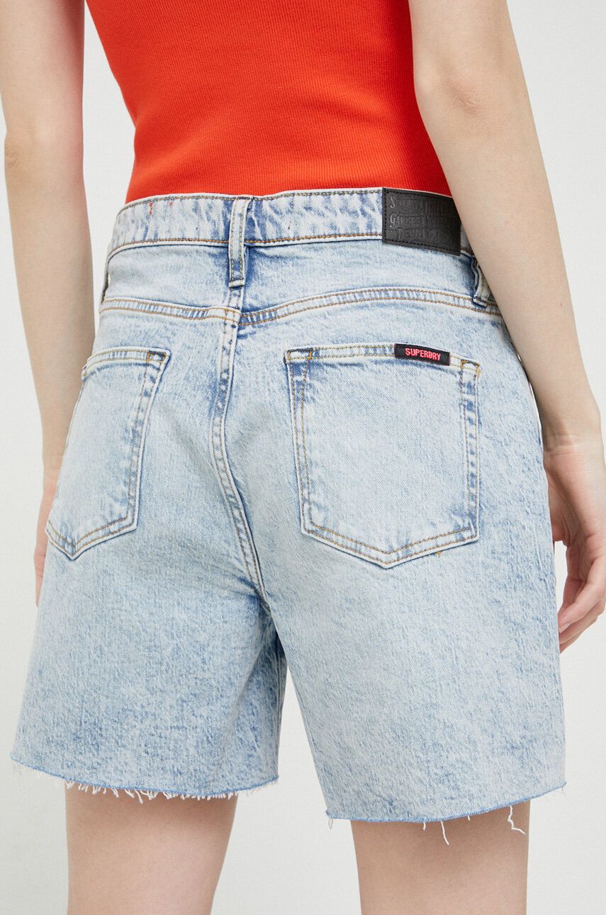 Superdry szorty jeansowe damskie kolor niebieski gładkie high waist