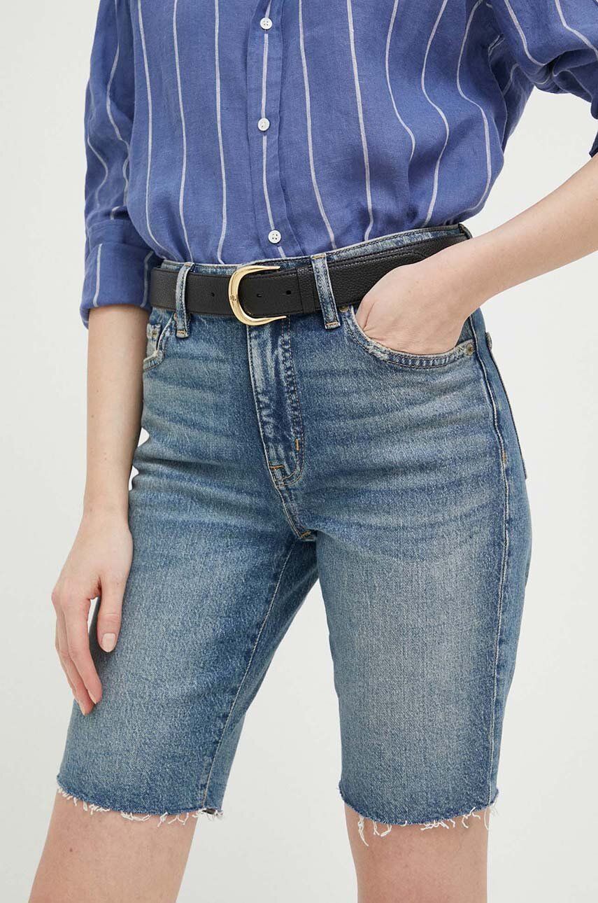 Džínové šortky Lauren Ralph Lauren dámské, hladké, medium waist - modrá -  99 % Bavlna