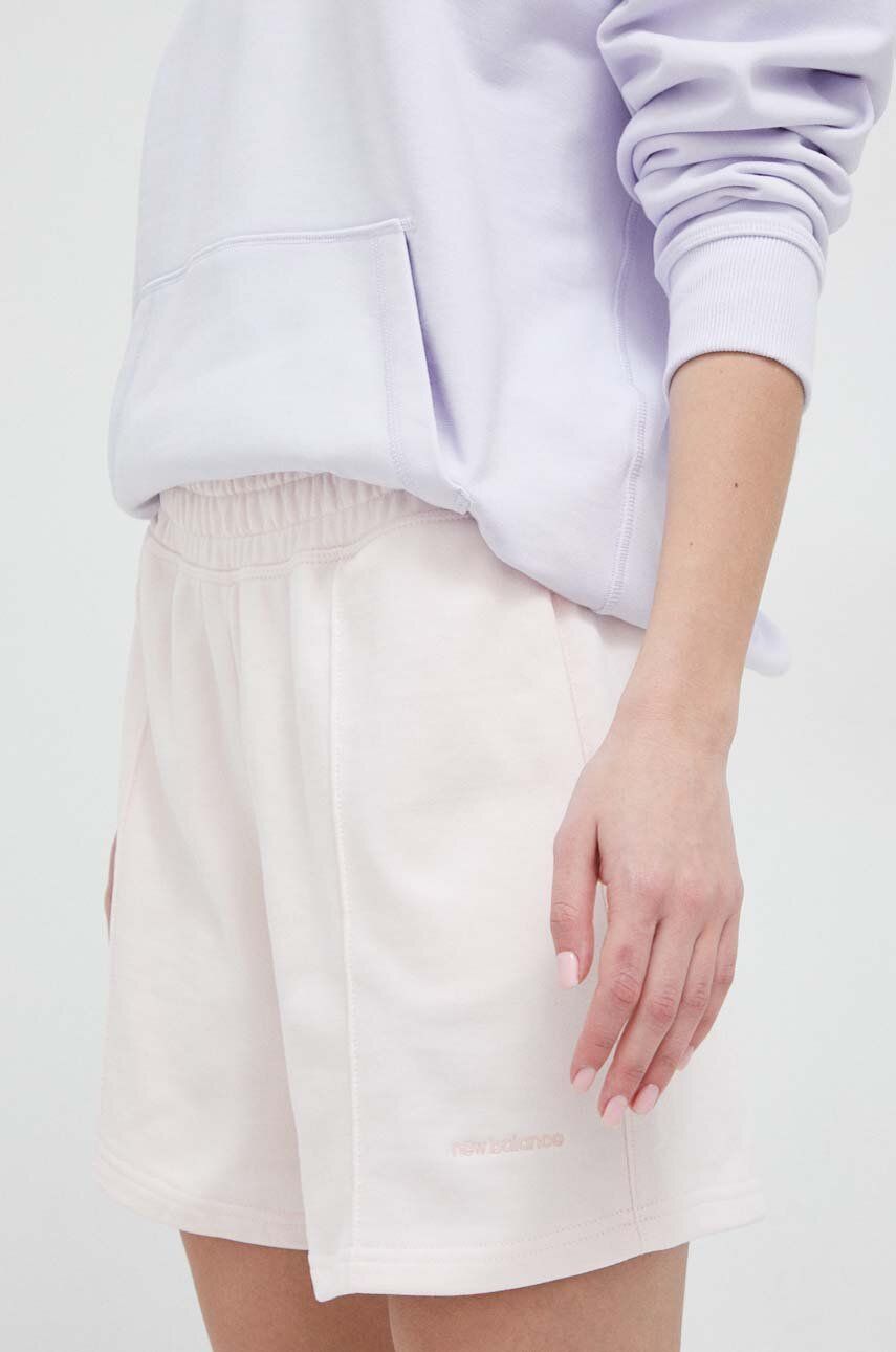 Bavlněné šortky New Balance růžová barva, hladké, high waist - růžová -  100 % Bavlna
