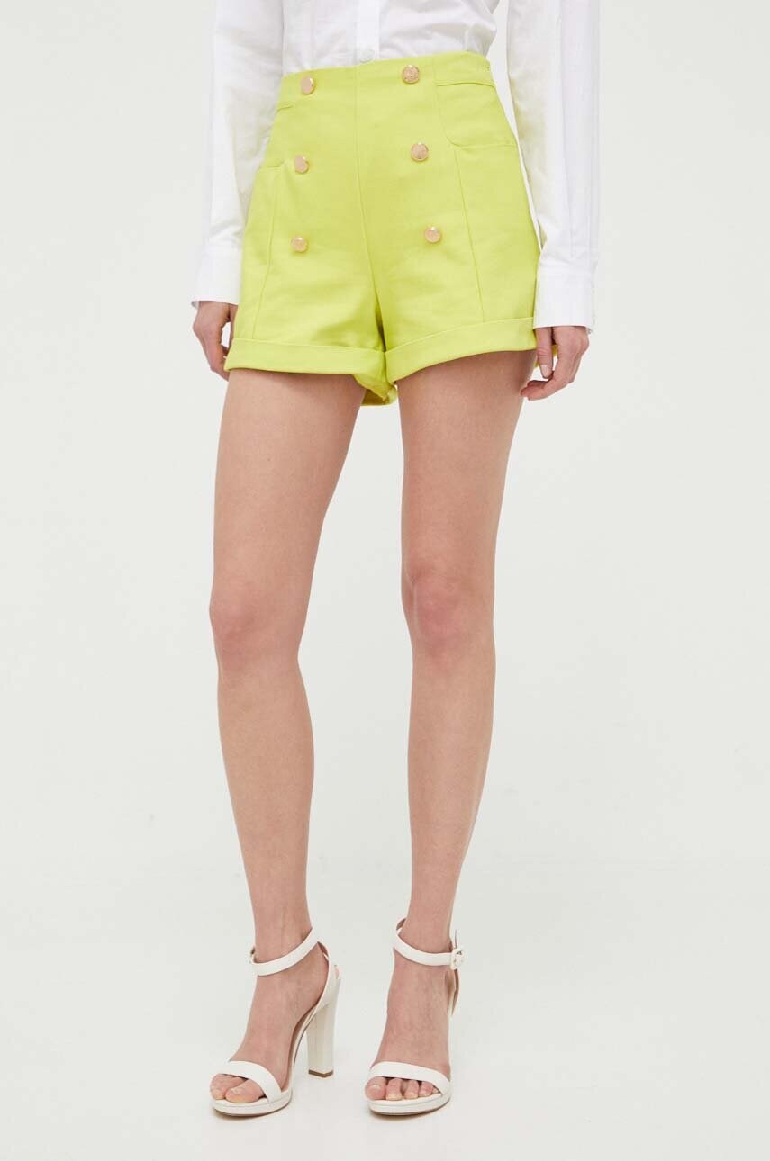 Morgan pantaloni scurti femei, culoarea verde, neted, high waist