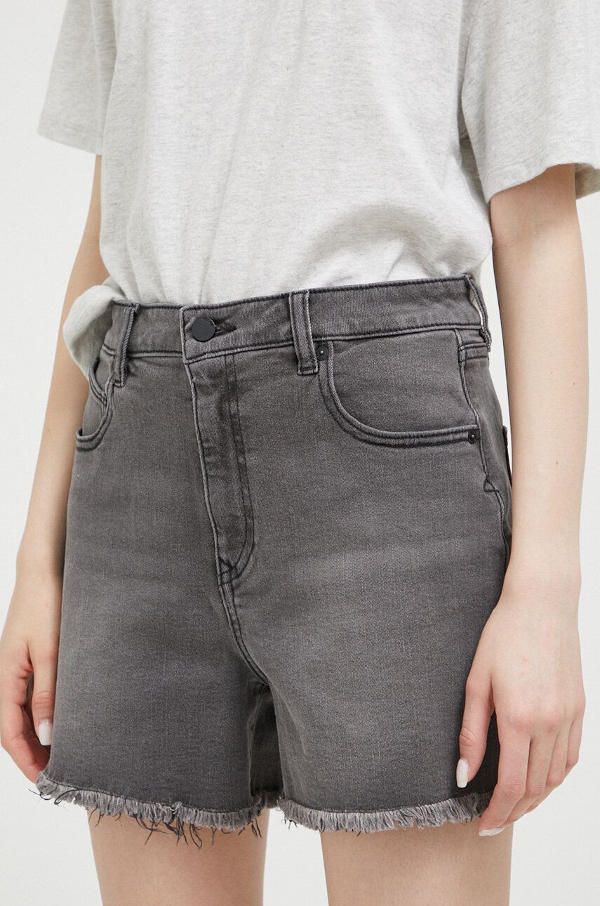 Volcom pantaloni scurti jeans femei, culoarea gri, neted, high waist