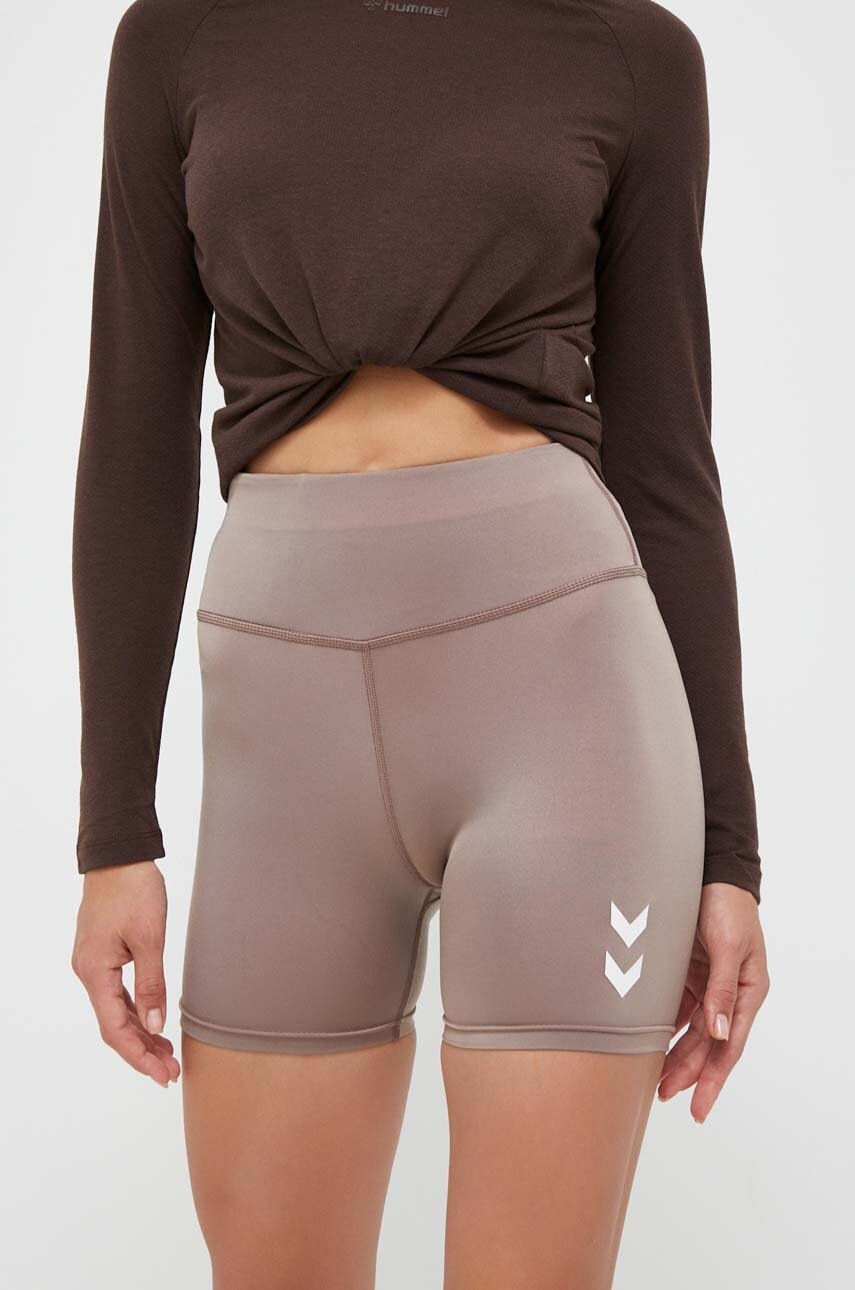 Hummel pantaloni scurți de antrenament Tola culoarea maro, cu imprimeu, high waist