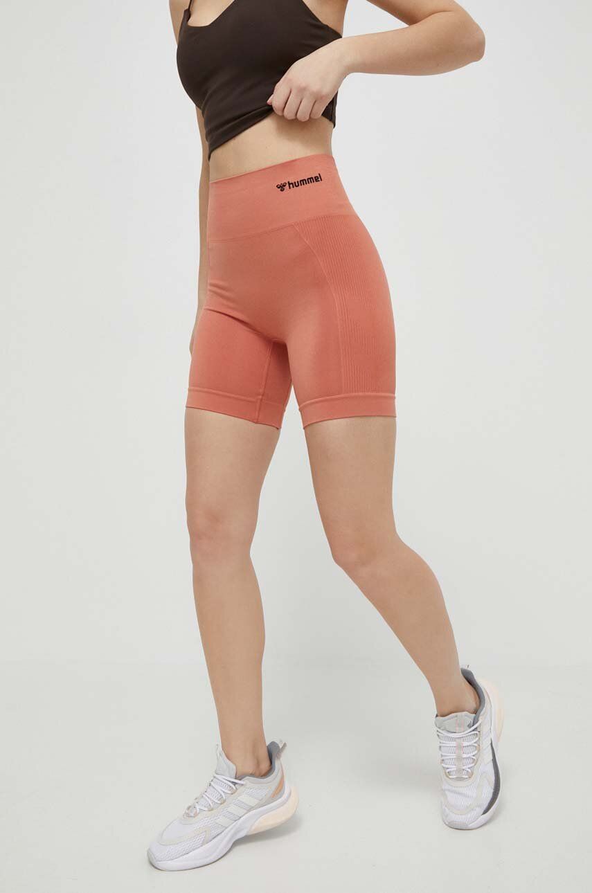Hummel pantaloni scurți de antrenament Tif culoarea portocaliu, neted, high waist