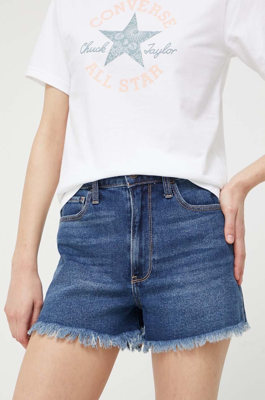 Hollister Co. Pantaloni Scurti Jeans Curvy Jeans Femei, Culoarea Albastru Marin, Neted, High Waist