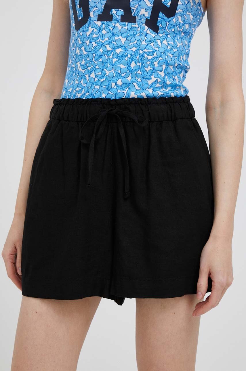 

Ленен къс панталон GAP в черно с изчистен дизайн с висока талия, Черен