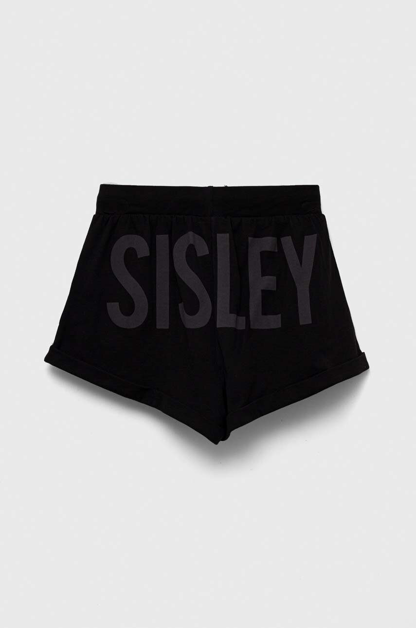 Дитячі бавовняні шорти Sisley колір чорний з принтом регульована талія