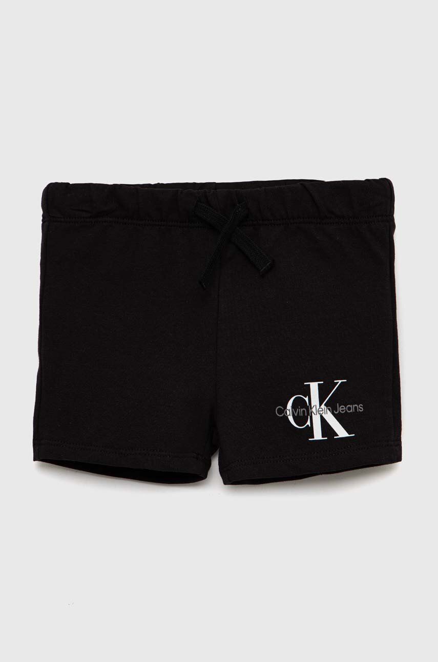 Dětské kraťasy Calvin Klein Jeans černá barva, s potiskem, nastavitelný pas - černá -  95 % Bav
