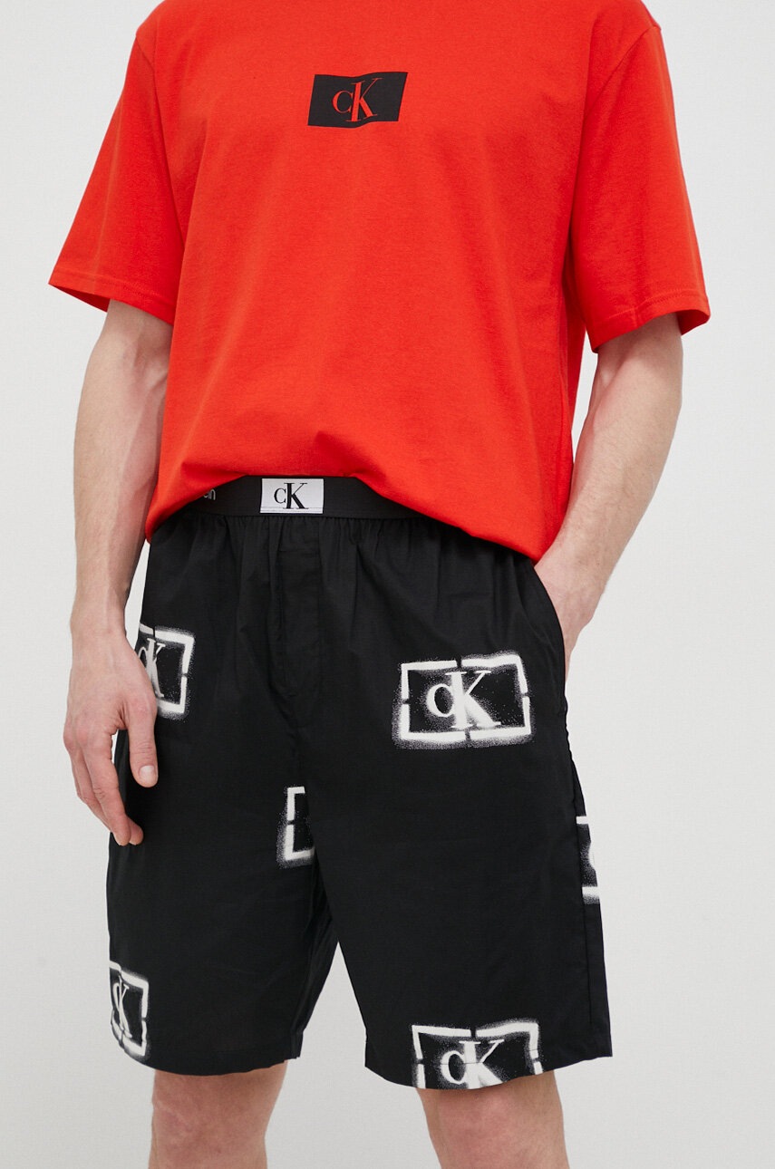

Памучно късо долнище на пижама Calvin Klein Underwear в черно с десен, Черен