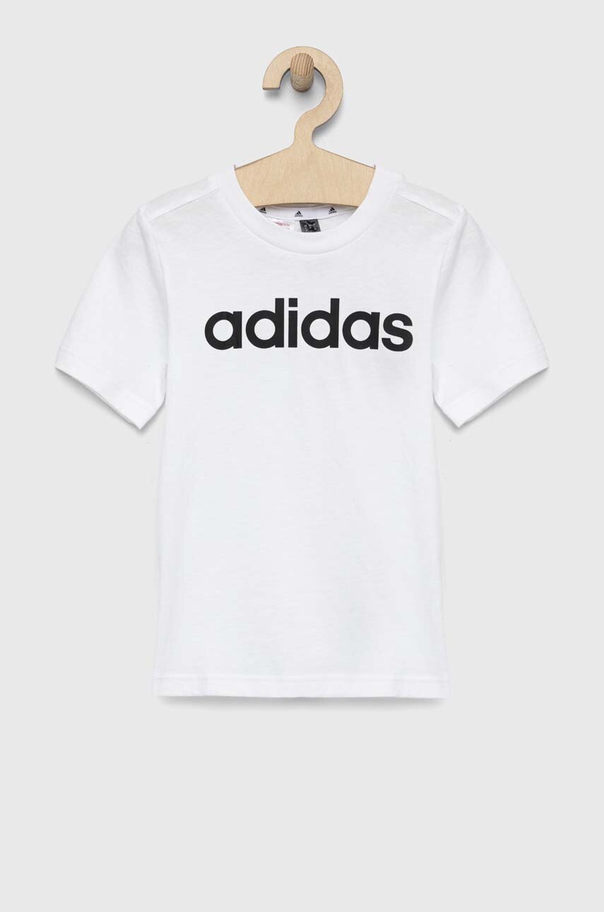 

Детская хлопковая футболка adidas LK LIN CO цвет белый с принтом